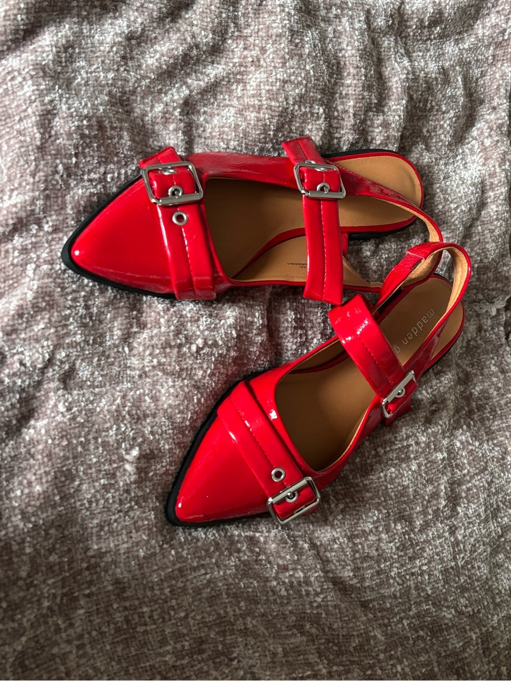 Madewell Bright Red Patent Pointed Buckle Flats
